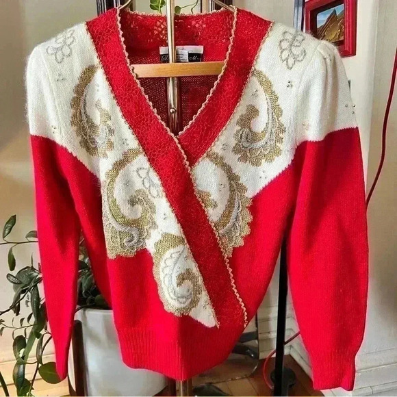 Vintage 80s Dana Scott Avant-Garde Red And Cream Mixed Media Sweater - Medium - Picture 3 of 9